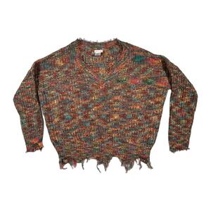 Main Strip Multicolor Knit‎ V Neck Sweater Distressed Frayed Hem Oversized L G